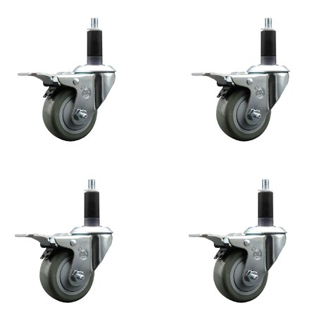 Service Caster 3'' SS Gray Poly Swivel 1-1/8'' Expanding Stem Caster Set Total Lock Brake, 4PK SCC-SSEXTTL20S314-PPUB-118-4
